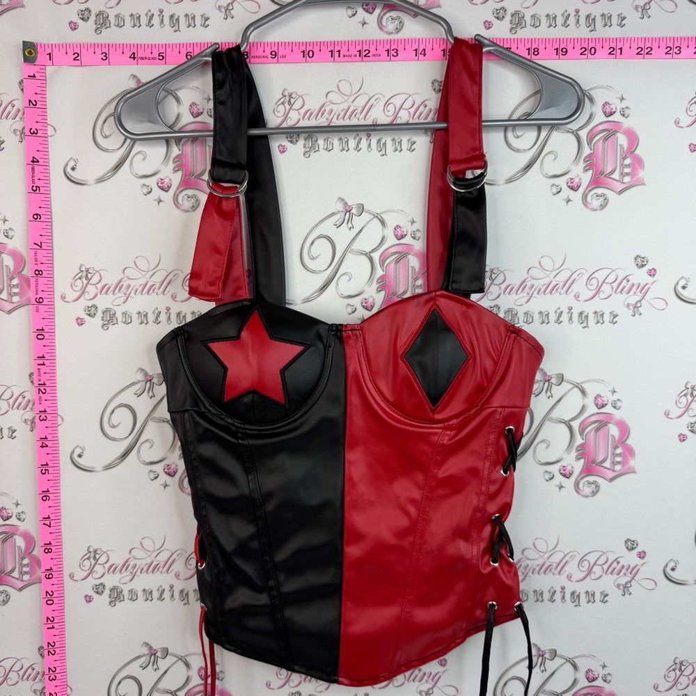 DC Batman Red and Black Faux Leather Bustier with Star and Diamond Accents
